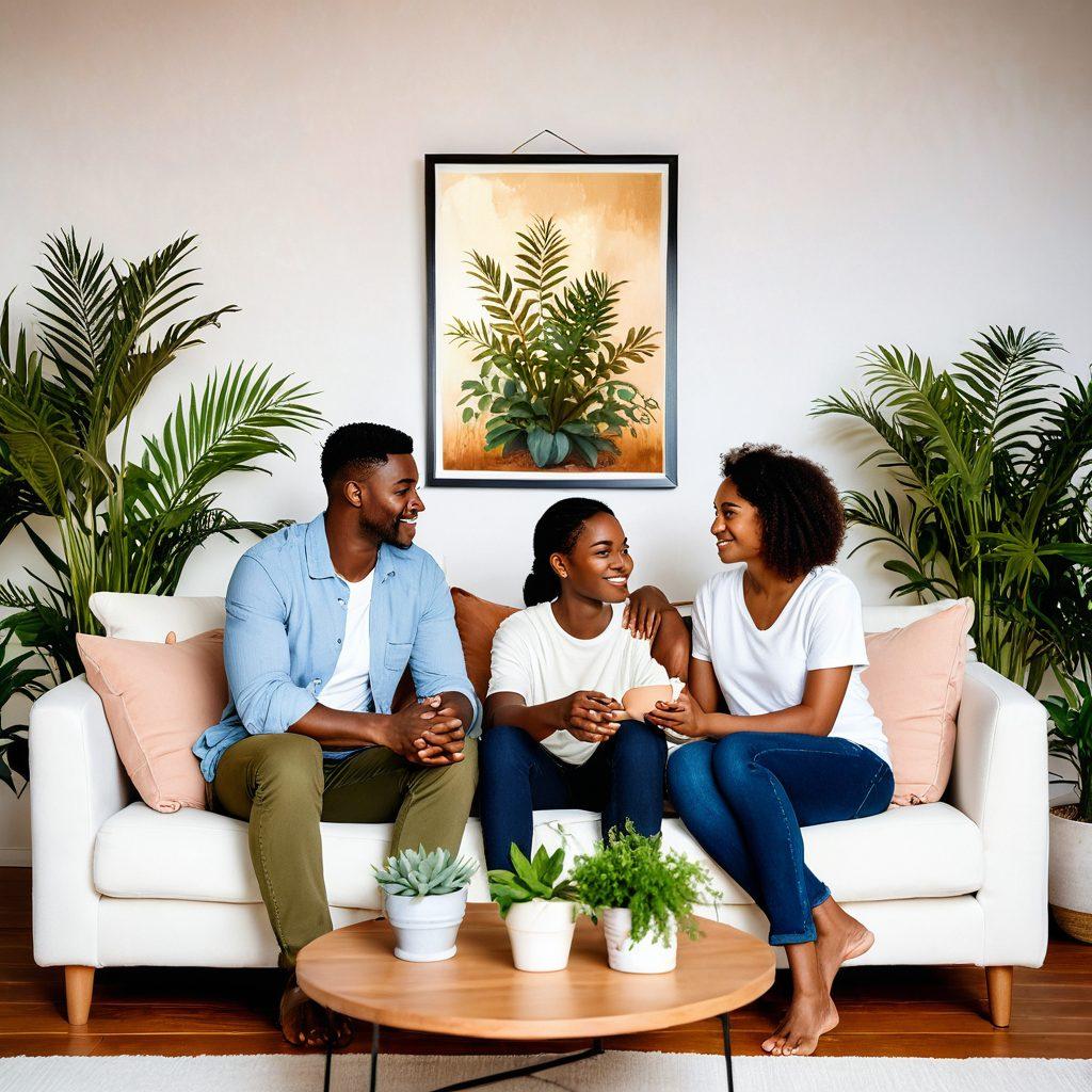 A heartfelt scene featuring a diverse couple sitting on a cozy sofa, deeply engaged in conversation, with warm lighting and a serene atmosphere. The expressions should show empathy and connection, and the background should include subtle romantic elements like soft cushions and gentle plants. painting. warm tones. white background.