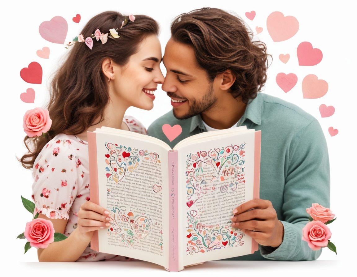 A warm, intimate scene featuring a diverse couple sharing a joyful moment, surrounded by symbols of love like hearts and roses, with Alicia's figure in the background holding a book titled 'Expert Love Tips'. Use soft pastel colors to evoke a sense of harmony and affection. painting. vibrant colors. white background.
