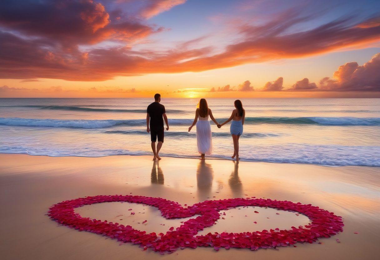 A loving couple walking hand-in-hand along a serene, sunset-lit beach, their faces illuminated with joy and contentment. Surrounding them are subtle symbols of romance like heart-shaped clouds and delicate rose petals wafting in the breeze. The backdrop features a calm ocean and a softly glowing horizon. painting. warm, vibrant colors. peaceful, romantic atmosphere.